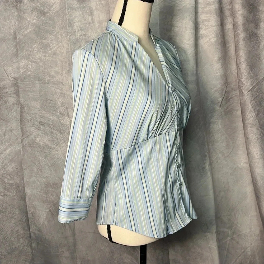 DCC Missy Green, Blue, Sage and White Striped Button Down 3/4 Sleeve Blouse - Picture 3 of 10